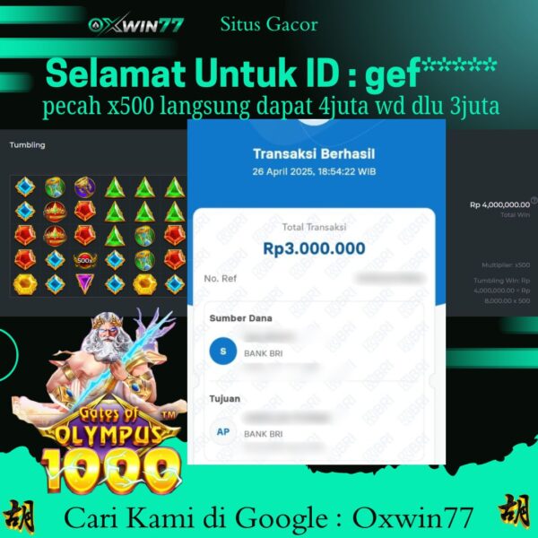 OXWIN77 JACKPOT SLOT GACOR GATES OF OLYMPUS 1000 Rp. 3.000.000,- LUNAS