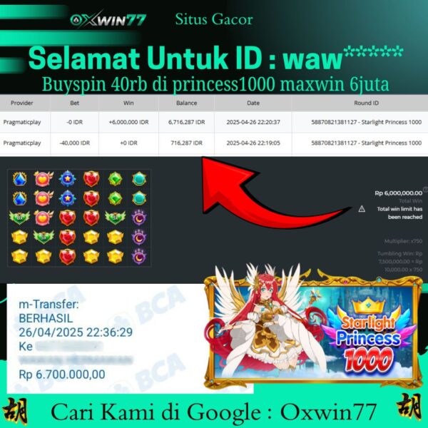 OXWIN77 JACKPOT SLOT GACOR STARLIGHT PRINCESS 1000 Rp. 6.700.000,- LUNAS