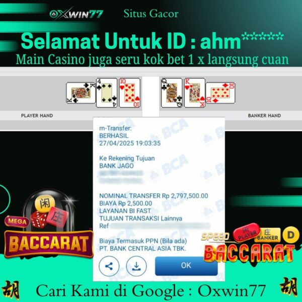 OXWIN77 JACKPOT CASINO GACOR PRAGMATIC SPEED BACCARAT Rp. 2.800.000,- LUNAS