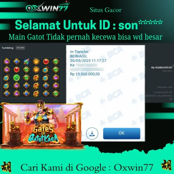 OXWIN77 JACKPOT SLOT GACOR GATES OF GATOT KACA 1000 Rp. 15.000.000,- LUNAS