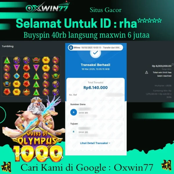 OXWIN77 JACKPOT SLOT GACOR GATES OF OLYMPUS 1000 Rp. 6.140.000,- LUNAS