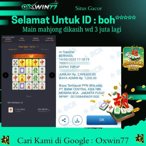 OXWIN77 JACKPOT SLOT GACOR MAHJONG WAYS PGSOFT Rp. 3.000.000,- LUNAS