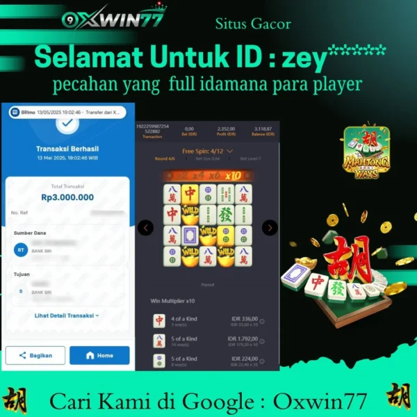 OXWIN77 JACKPOT SLOT GACOR MAHJONG WAYS PGSOFT Rp. 3.000.000,- LUNAS