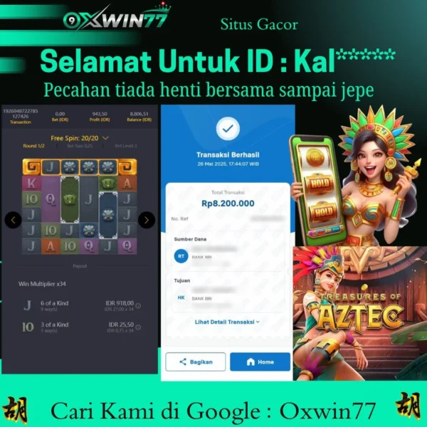 OXWIN77 JACKPOT SLOT GACOR TREASURES OF AZTEC PG Rp. 8.200.000,- LUNAS