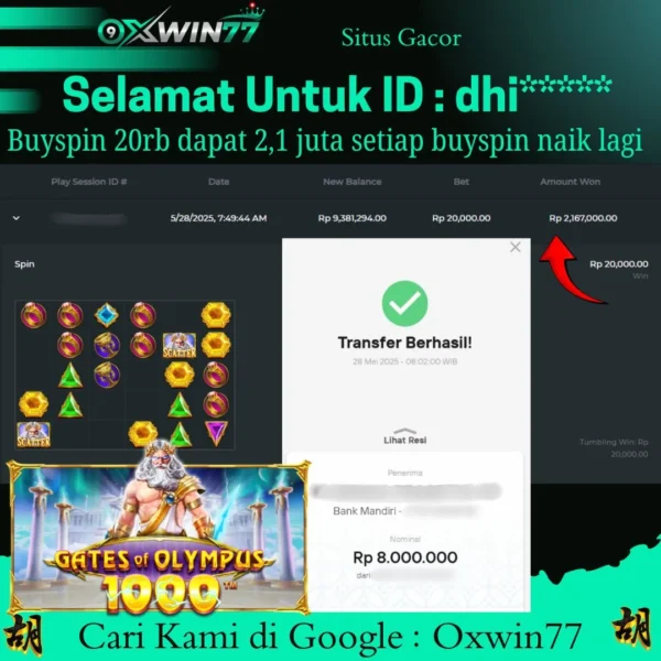 OXWIN77 JACKPOT SLOT GACOR GATES OF OLYMPUS 1000 Rp. 8.000.000,- LUNAS